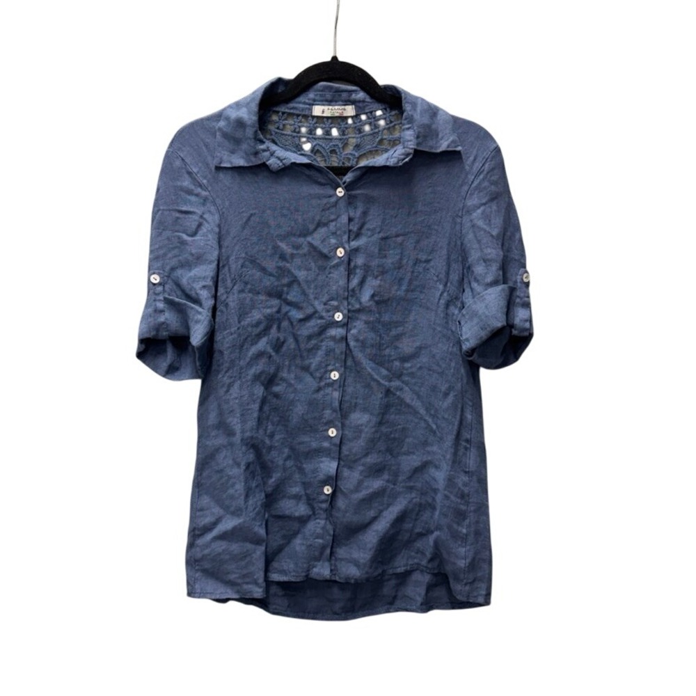 Femme Fatale Blue 100% Linen Crochet Lace Back Button Down Shirt Made in Italy 0